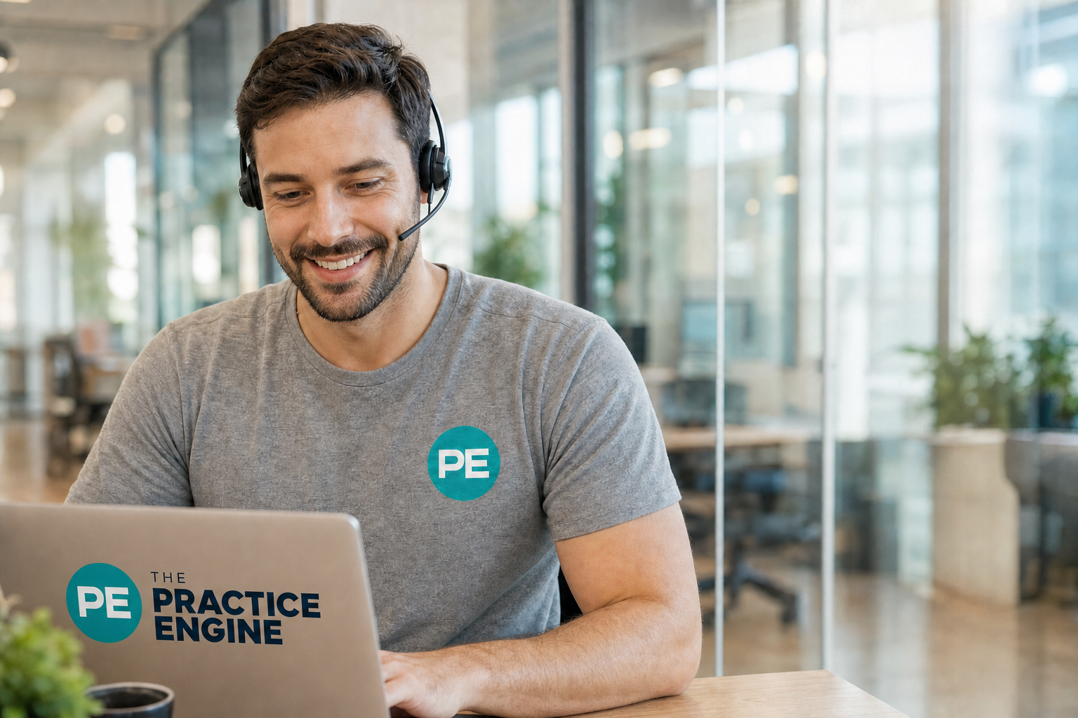 A Practice Engine consultant in a PE-branded t-shirt with a headset, taking a healthcare marketing strategy call at his laptop