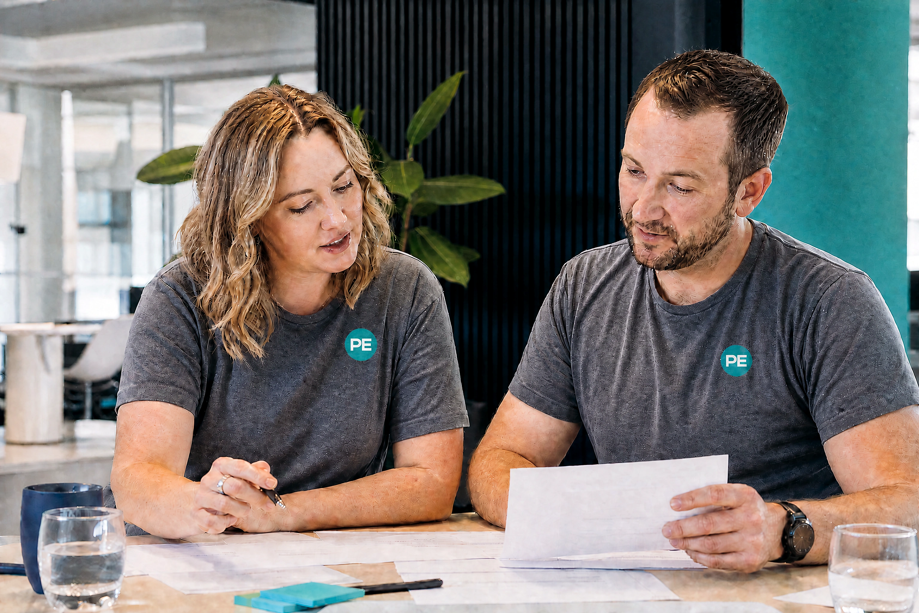 Practice Engine team members in the grey uniform with white-letter PE chest marks collaborating on a healthcare growth plan